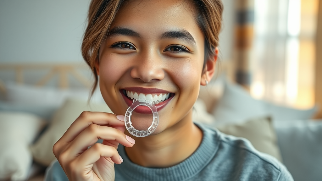 Young adult holding a clear retainer to prevent teeth shifting after braces, smiling confidently