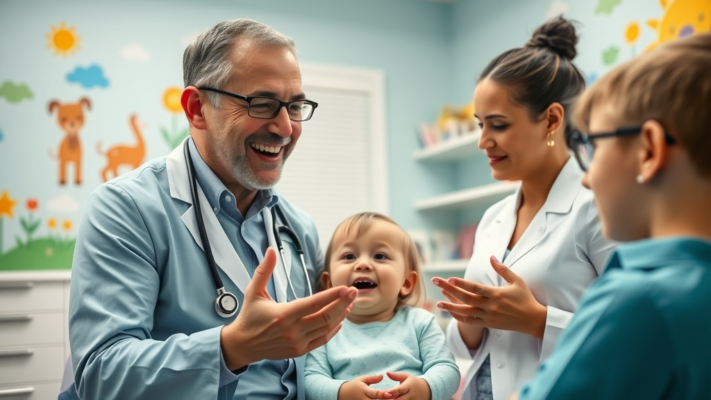 Pediatric dentist discussing thumb sucking and pacifier use with family, dental development