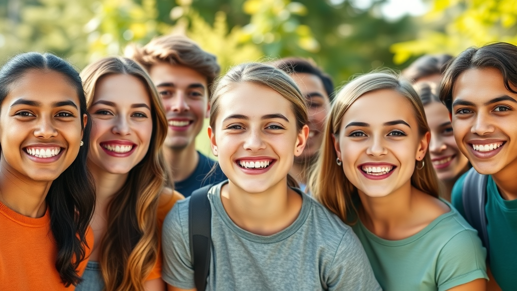 Group of teens and adults with straight teeth showing positive results of affordable, safe teeth straightening solutions