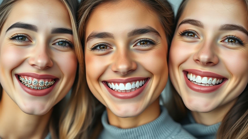 Comparison of teeth straightening options: metal braces, clear aligners, invisible braces used to straighten teeth cheaply and safely