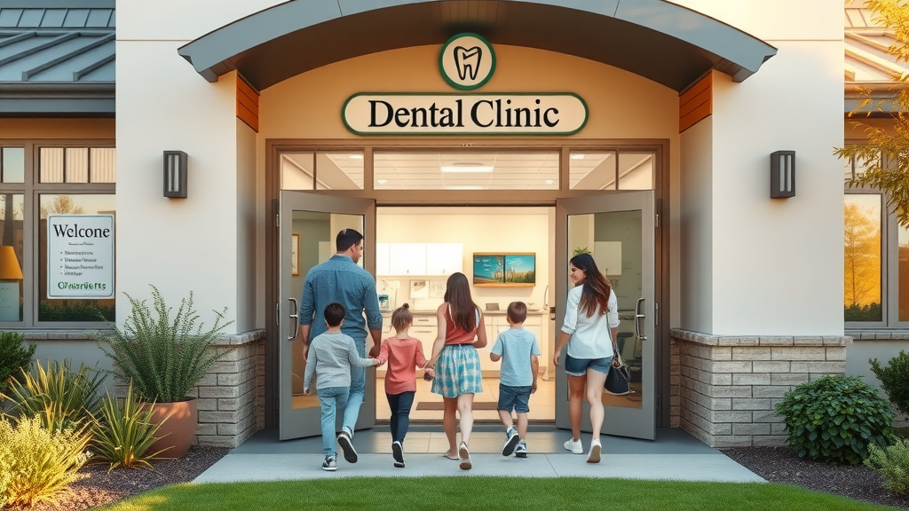 Best family orthodontists near Loris and Aynor - welcoming dental clinic exterior, warm and friendly atmosphere, families walking towards dental office entrance, landscaped and sunlit background, photorealistic image