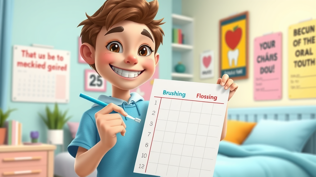 teenager tracking brushing and flossing habits with a colorful chart, smiling and motivated in a cheerful study room environment