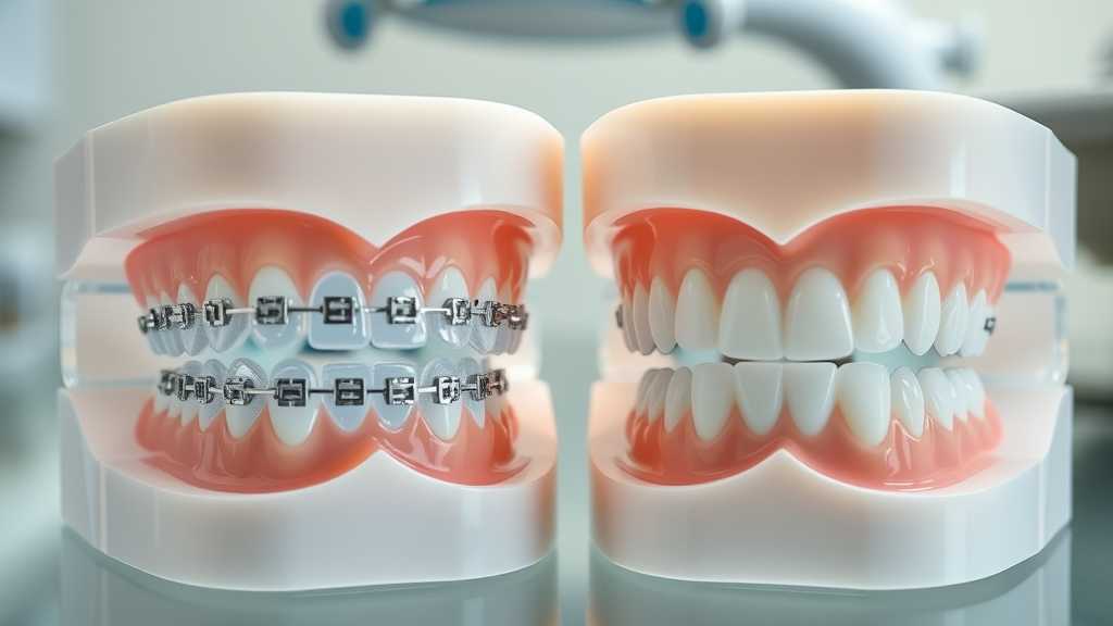 Detailed close-up comparison of clear aligners and metal braces on dental models.