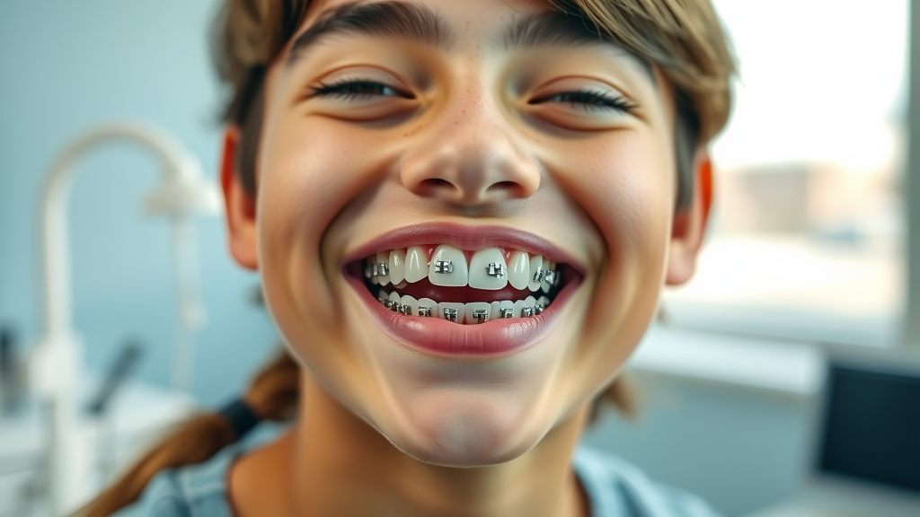 Metal braces on a smiling teen in a Myrtle Beach orthodontic clinic