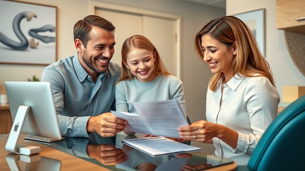 Smiling Myrtle Beach family reviewing dental insurance and payment plans with an orthodontic consultant