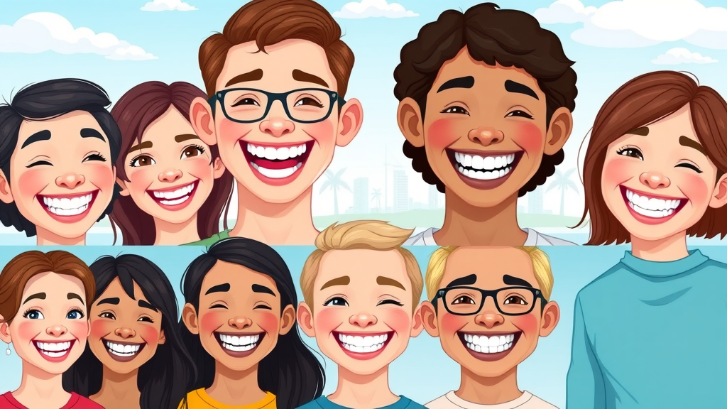 Braces before and after Myrtle Beach: Cartoon-style patient transformations with Myrtle Beach skyline backdrop