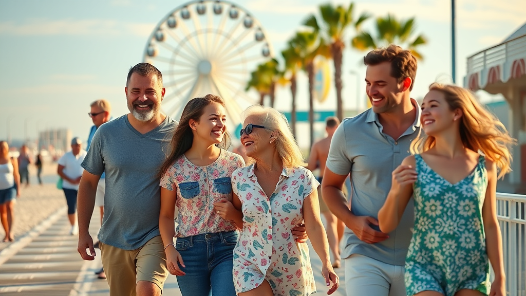 myrtle beach families smiling candidly on the boardwalk with iconic SkyWheel and palm trees in background, warm pastel hues, natural sunlight