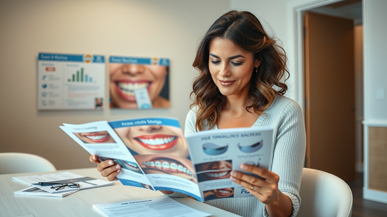 thoughtful woman reviewing orthodontic options brochures in a Myrtle Beach dental office, comparing braces and Invisalign