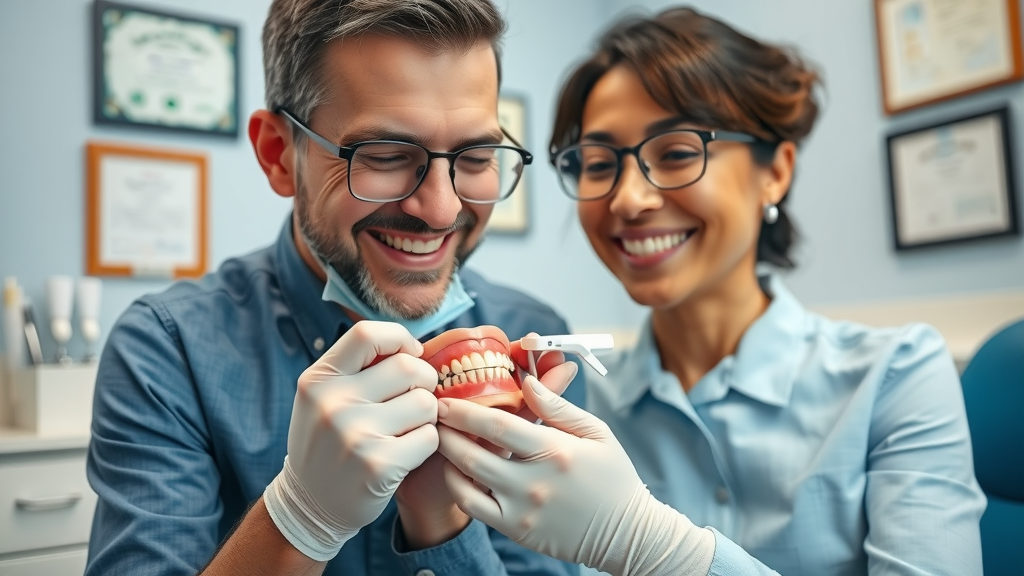 close-up orthodontist adjusting braces Myrtle Beach clinic, confident patient, blue and white decor