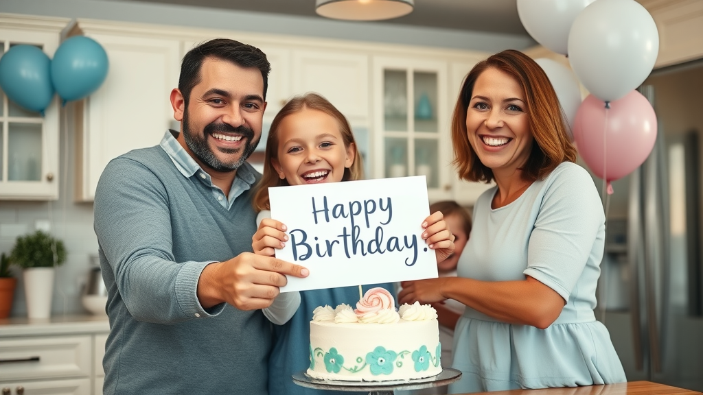 joyful myrtle beach family celebrating dental milestone, smiles, balloons, kitchen decorated for party