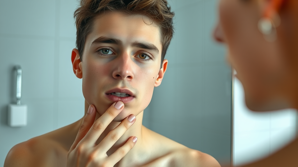 Young adult examining facial profile in mirror, contemplating jawline - is mewing a real alternative to orthodontics?