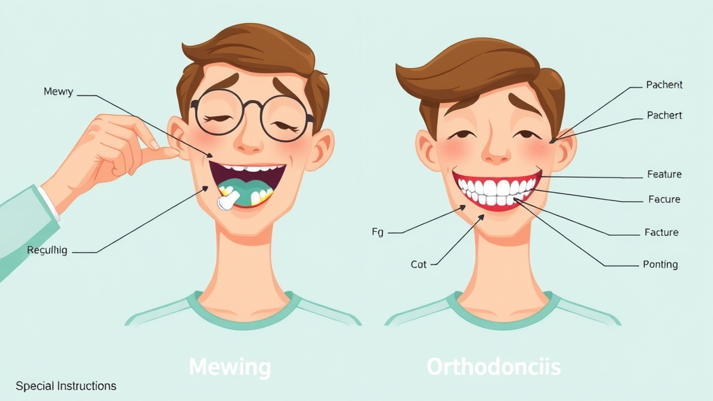 Infographic comparison of mewing versus orthodontics, highlighting effectiveness, limitations, and longevity