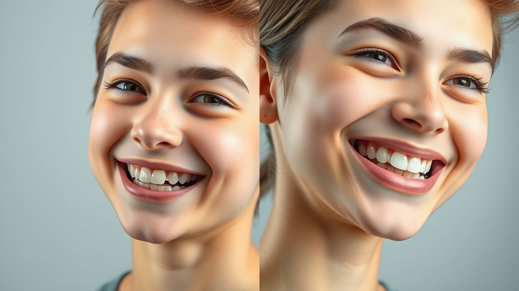 Split-screen portrait: before and after dental close-ups, highlighting differences between teeth before braces, Invisalign, and after mewing