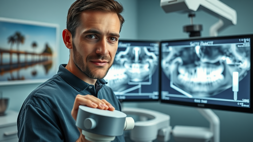 Dental x-ray and 3D jaw imaging in Myrtle Beach orthodontic clinic, technician preparing equipment