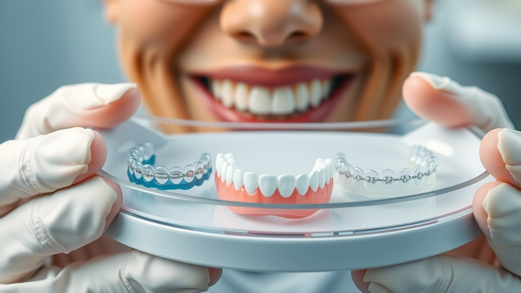 Selection of retainers—transparent, colored, and permanent—on dental tray in Myrtle Beach orthodontic clinic