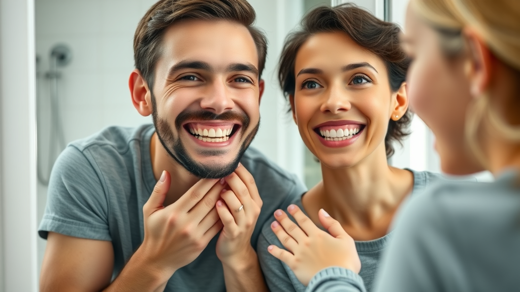 Happy Myrtle Beach family admiring straight teeth after orthodontic treatment, joyful expressions