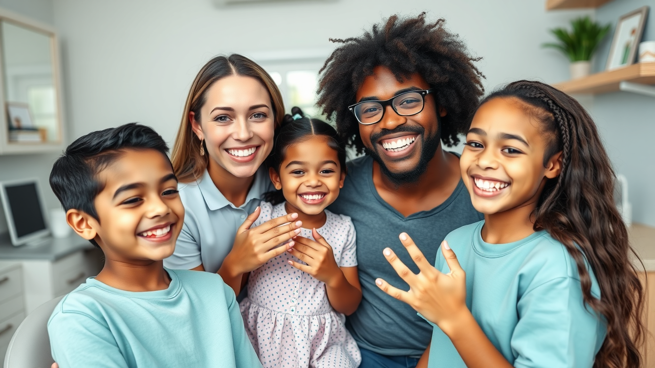 diverse family at dental clinic with orthodontist, Myrtle Beach coastal decor, modern office, soft pastels, natural lighting, does insurance cover braces in myrtle beach?