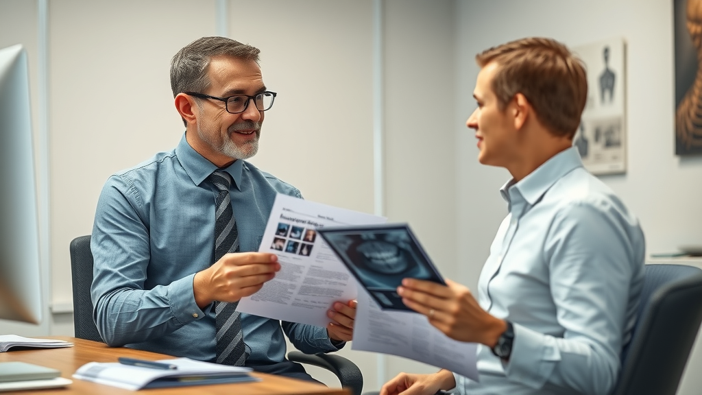 Insurance advisor discussing orthodontic and standard dental insurance policies with patient, showing dental x-rays, does insurance cover braces in myrtle beach?