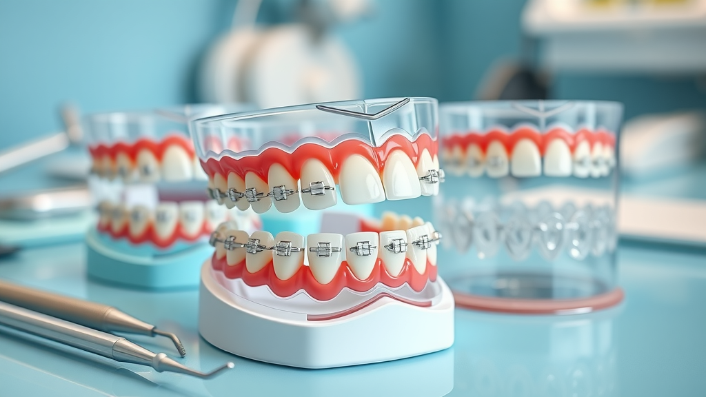 Dental braces and clear aligner models for patient explanation, orthodontic insurance and braces in Myrtle Beach, dental clinic countertop