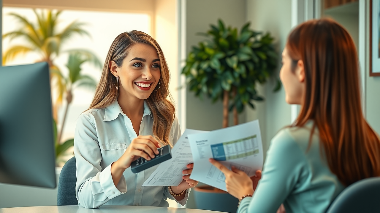 Financial coordinator explaining orthodontic payment options for braces in Myrtle Beach, patient consultation in clinic with palm tree outside window