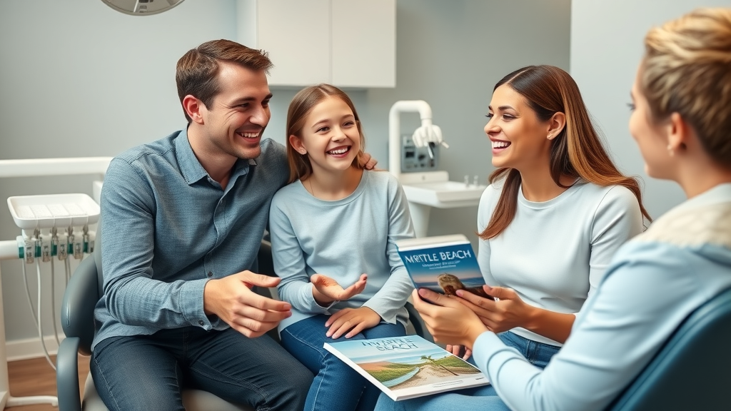 engaged family at the orthodontist in Myrtle Beach, smiling faces consulting about the cost of braces