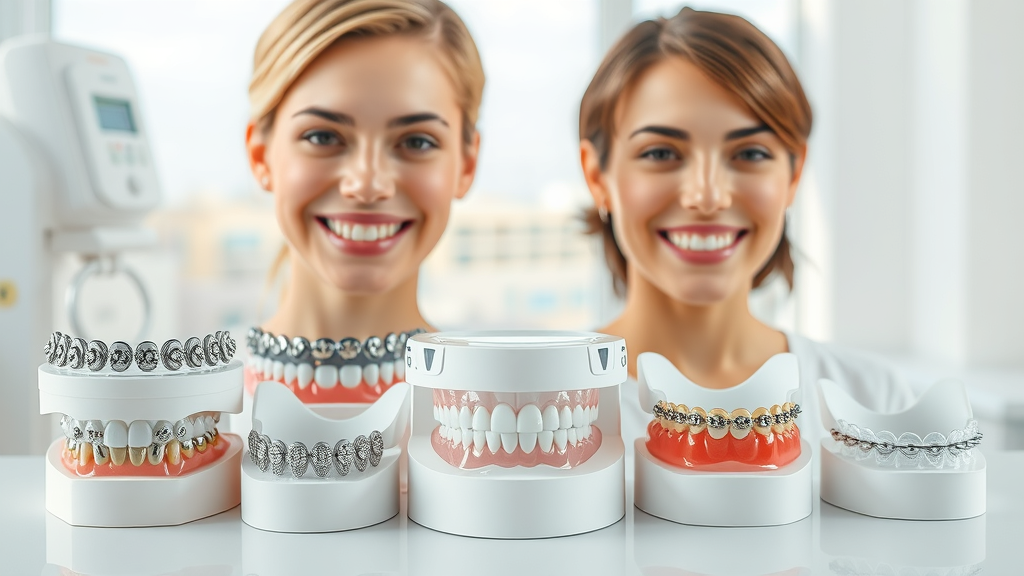 different types of braces—metal, ceramic, and clear aligners—displayed in a Myrtle Beach orthodontic office