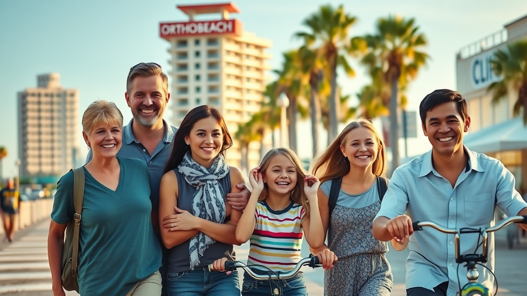 Myrtle Beach cityscape with families smiling in front of an orthodontic clinic, showing how Myrtle Beach braces costs compare to other South Carolina cities.