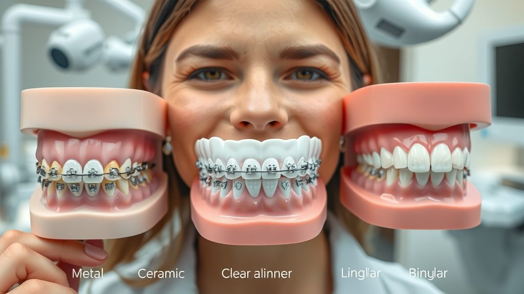 Different types of orthodontic braces including metal, ceramic, clear aligners, and lingual braces in Myrtle Beach.