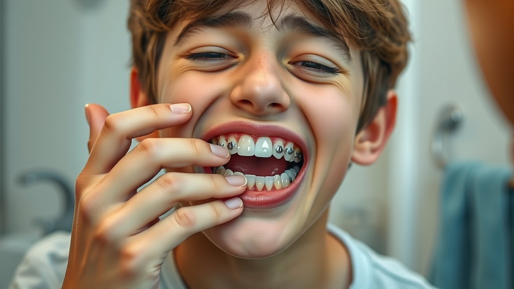 teen looking worried in bathroom mirror at broken bracket on braces, showing natural light, orthodontic detail, Pawleys Island