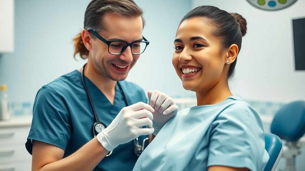 orthodontist repairing broken bracket for patient, modern office, Pawleys Island or Myrtle Beach