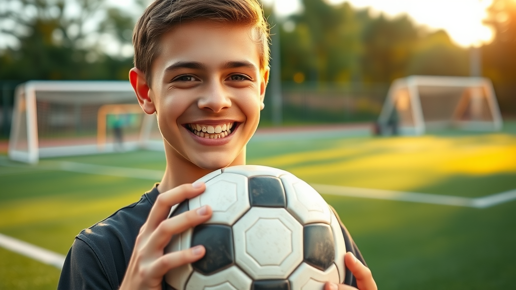 athletic teen wearing mouthguard with braces, soccer ball in hand, outdoor Pawleys Island
