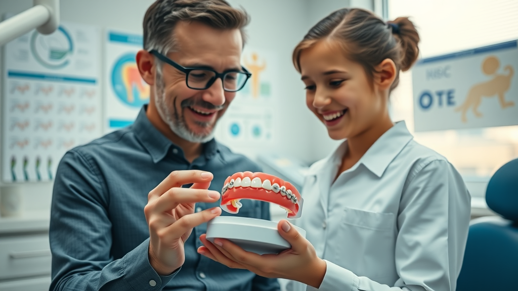Orthodontist explaining importance of braces care and best foods for braces in Conway SC to a young patient with dental models