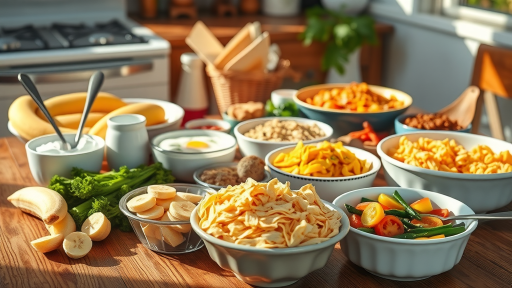 Selection of the best foods for braces in Conway SC including yogurt, bananas, scrambled eggs, pasta, and steamed vegetables on a wooden table