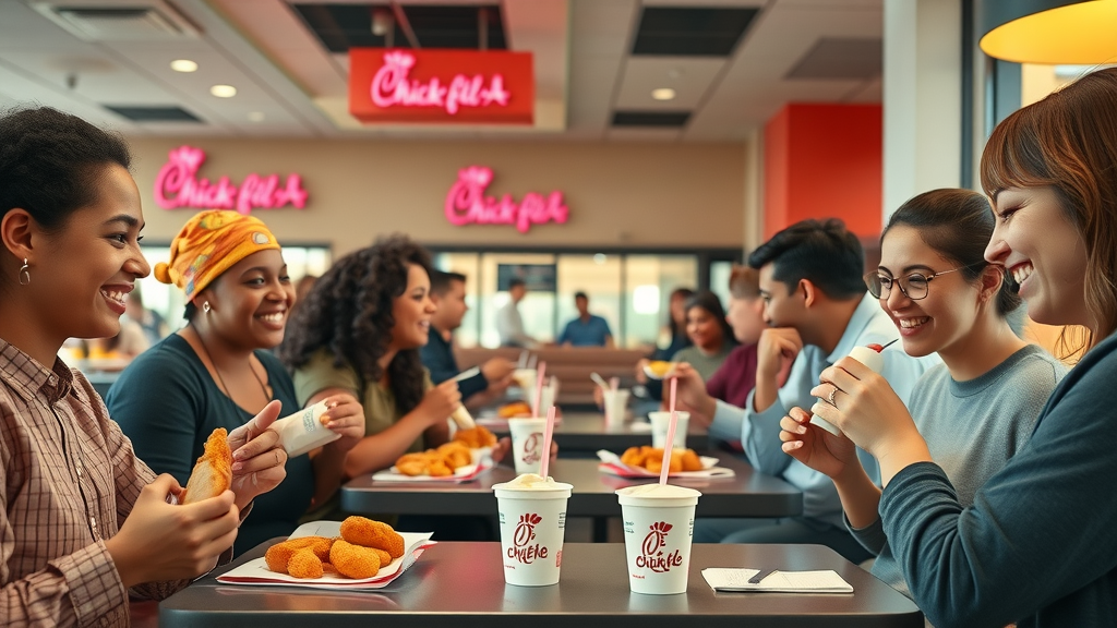 Group dining at a Conway SC Chick-fil-A, enjoying best foods for braces like grilled chicken nuggets, mac and cheese, and yogurt with braces