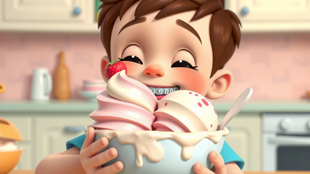 Boy with braces in Conway SC eating smooth ice cream, showing best foods for braces without toppings
