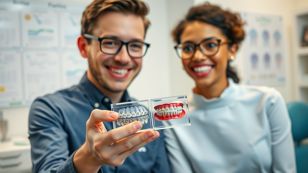 Orthodontic consultation scene comparing clear aligners and metal braces, modern dental office, are clear aligners as effective as braces?