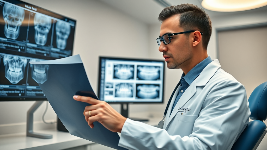 Orthodontist analyzing x-rays and treatment progress for clear aligners vs braces, treatment time and tooth movement