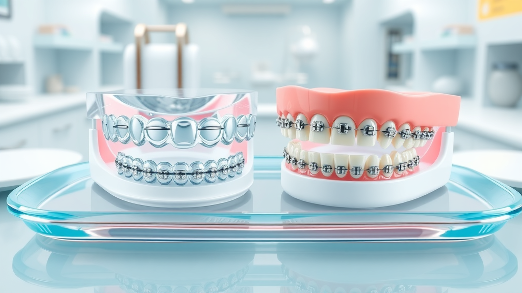 Comparison of clear aligners and metal braces, neatly arranged on a dental tray, pros and cons visual