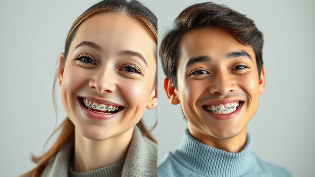 Patient experiences: two people happily smiling post-treatment, one with clear aligners, one with metal braces, orthodontic satisfaction