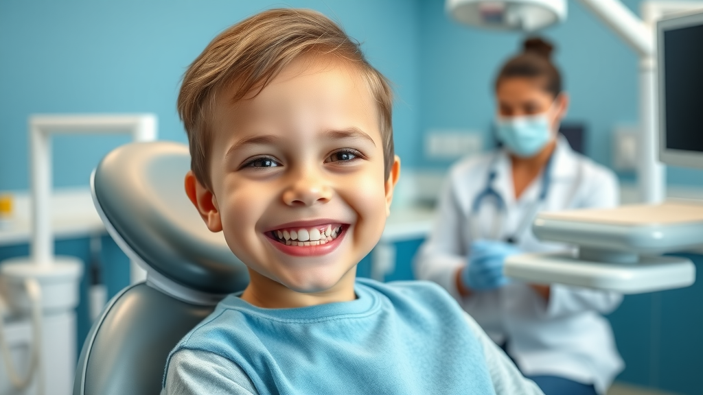 Early orthodontic screenings in Murrells Inlet: a confident young child smiles in a modern dental clinic chair with a friendly specialist and equipment in the background.