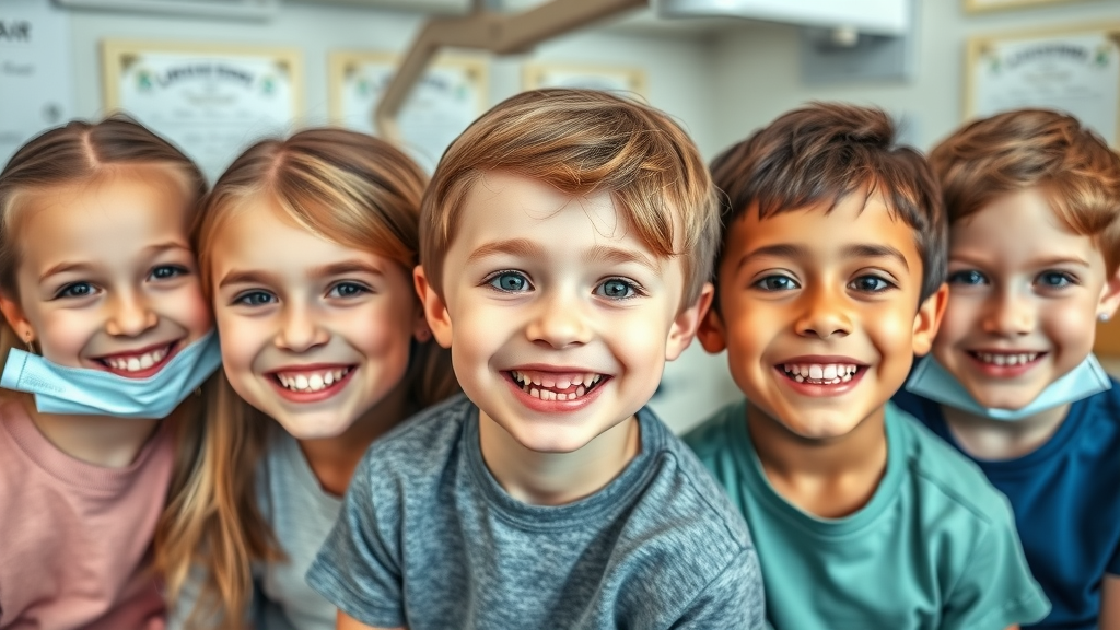 Group of children before and after orthodontic treatment in Murrells Inlet, showing the contrast of early vs late care with healthy, beautiful smiles.