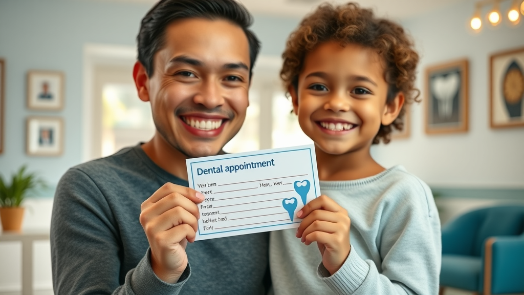 Joyful parent and child in Murrells Inlet celebrating positive early orthodontic screening results, holding a dental appointment card with happy smiles.