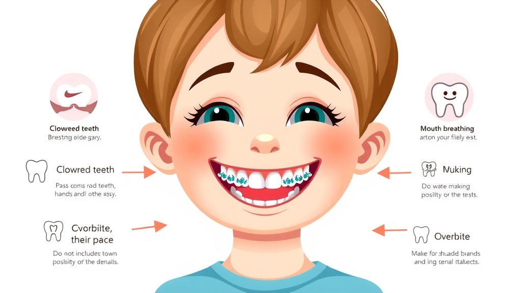 infographic highlighting crowded teeth, overbite, and mouth breathing as signs a child may need braces, Pawleys Island, SC