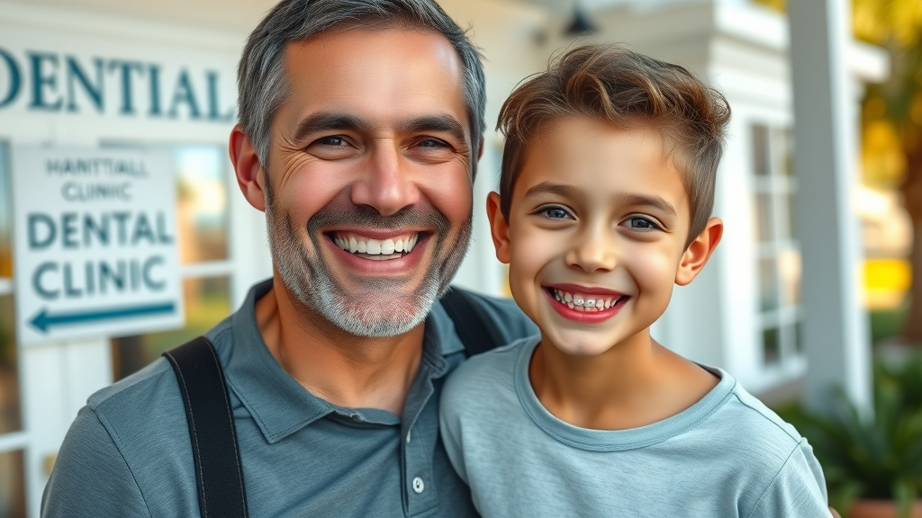 parent and child celebrating new braces outside a Pawleys Island dental clinic, reflecting orthodontic treatment success