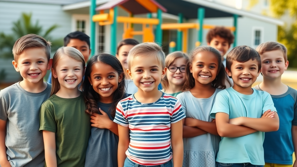 diverse children ages 7-14 with and without braces outside a school in Pawleys Island, SC showing confidence after orthodontic treatment