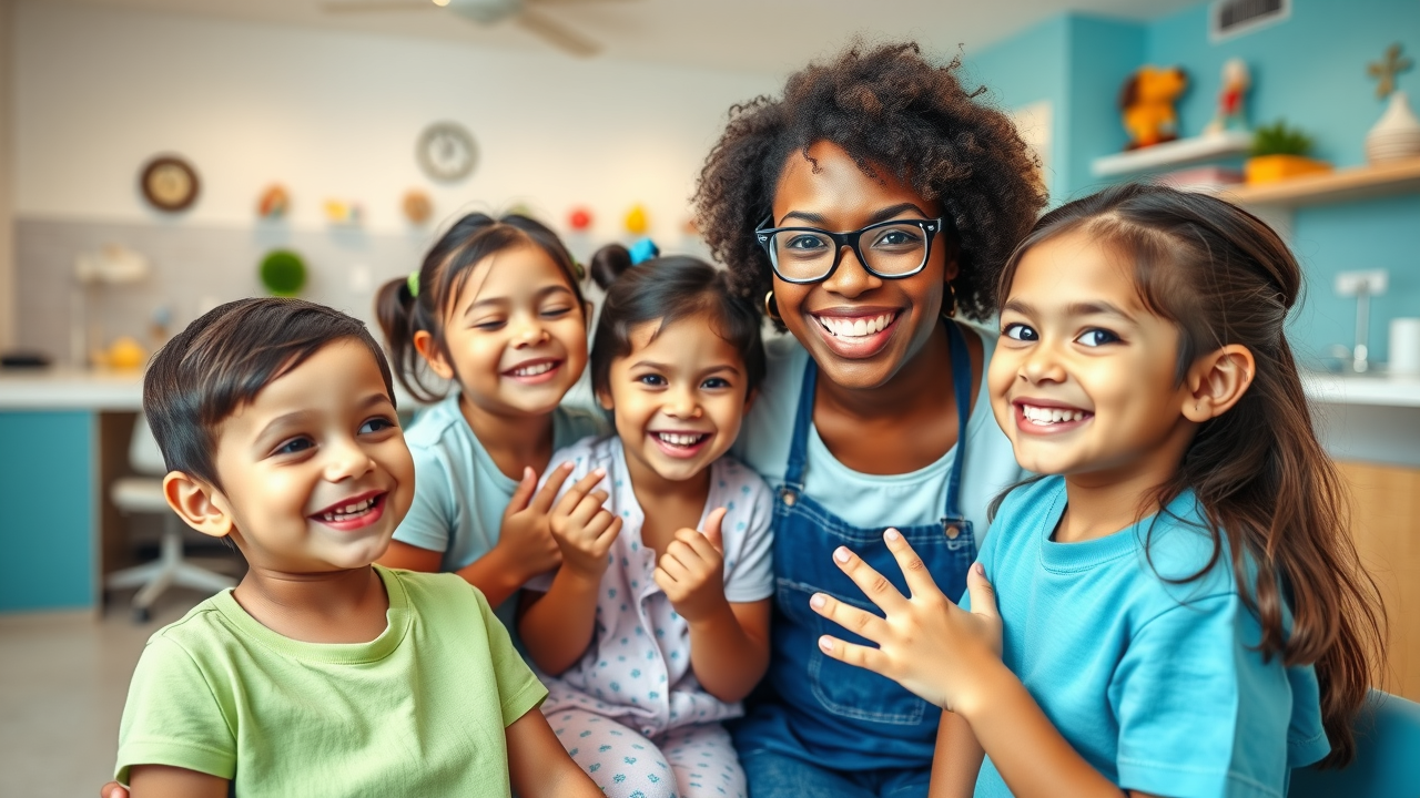 vibrant pediatric dental office waiting room, smiling children and friendly receptionist, myrtle beach orthodontics, bright modern decor and playful details, children interacting naturally