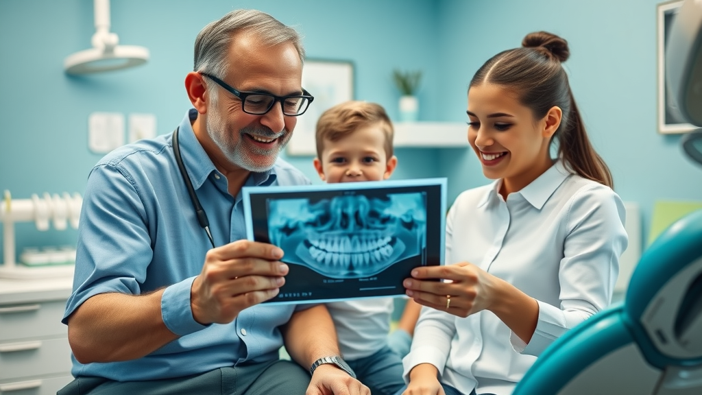 caring orthodontist in myrtle beach showing dental x-ray to parent and child, explaining dental development and early treatment options, bright modern consult room
