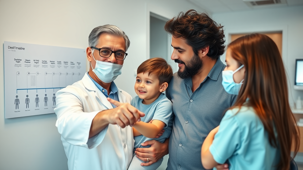 friendly dentist and child in myrtle beach pointing to orthodontic timeline chart, guiding family through treatment stages in modern clinic