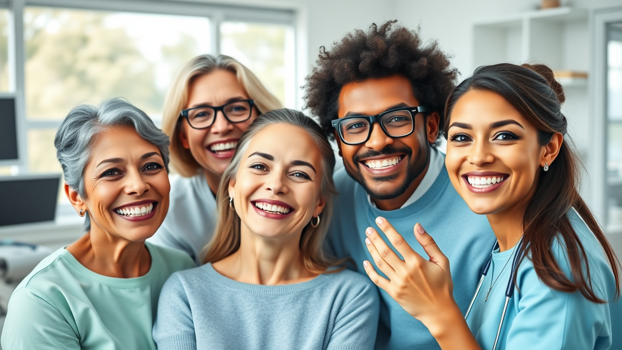vibrant smiling multigenerational group, confident, showing off clear aligners and traditional braces, Photorealistic modern dental clinic, orthodontists engaging with patients, pastel, natural daylight, dental equipment