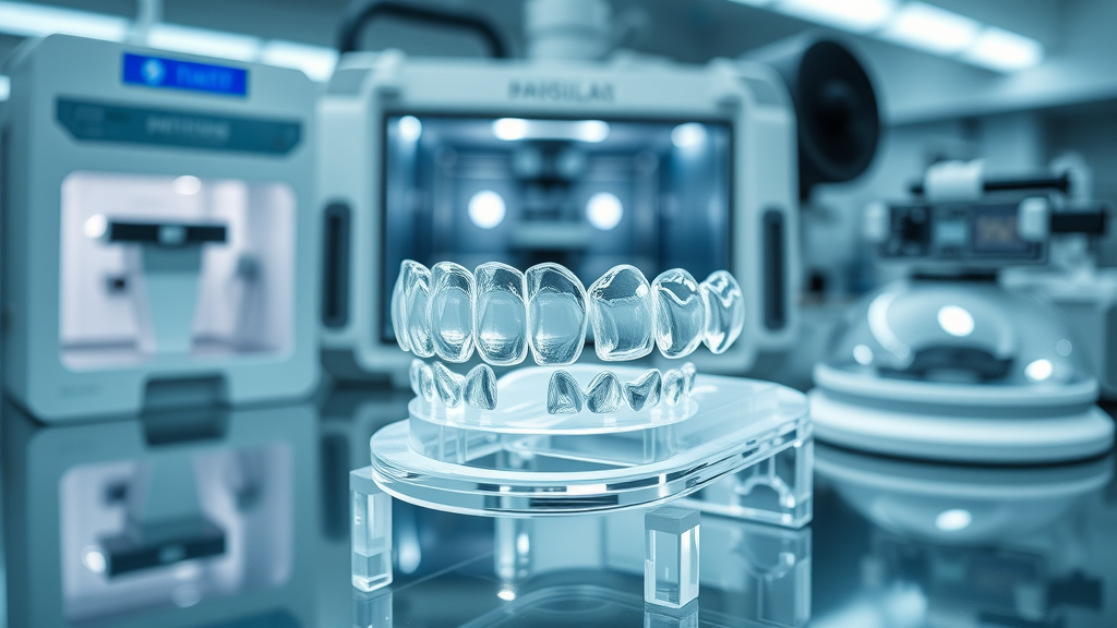 sleek futuristic clear aligner on dental model showcasing innovation in teeth straightening, laboratory 3D printer, digital dental equipment, macro highly detailed, cool modern tones